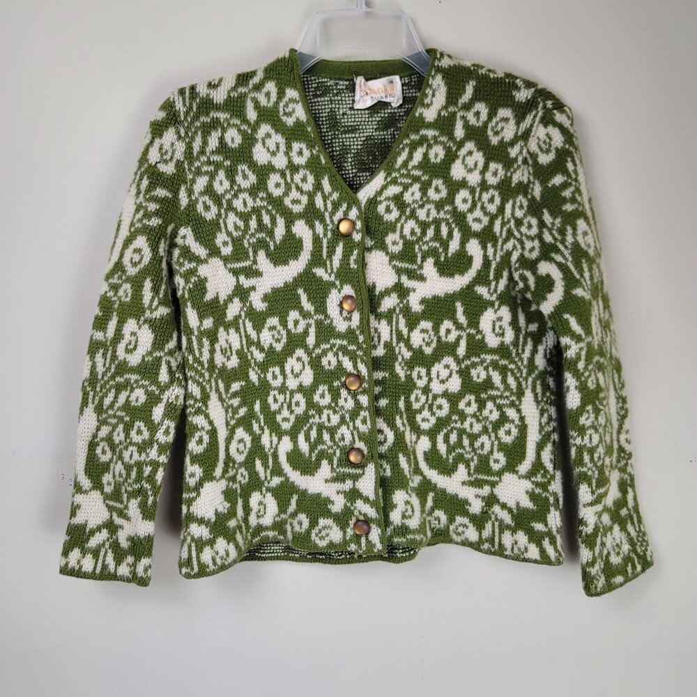 Vintage Catalina Jacquard Wool Cardigan Green Ivory Floral Women's XS - Picture 2 of 10